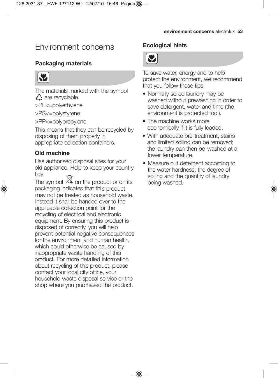 Environment concerns | Electrolux EWF 127112 W User Manual | Page 27 / 34