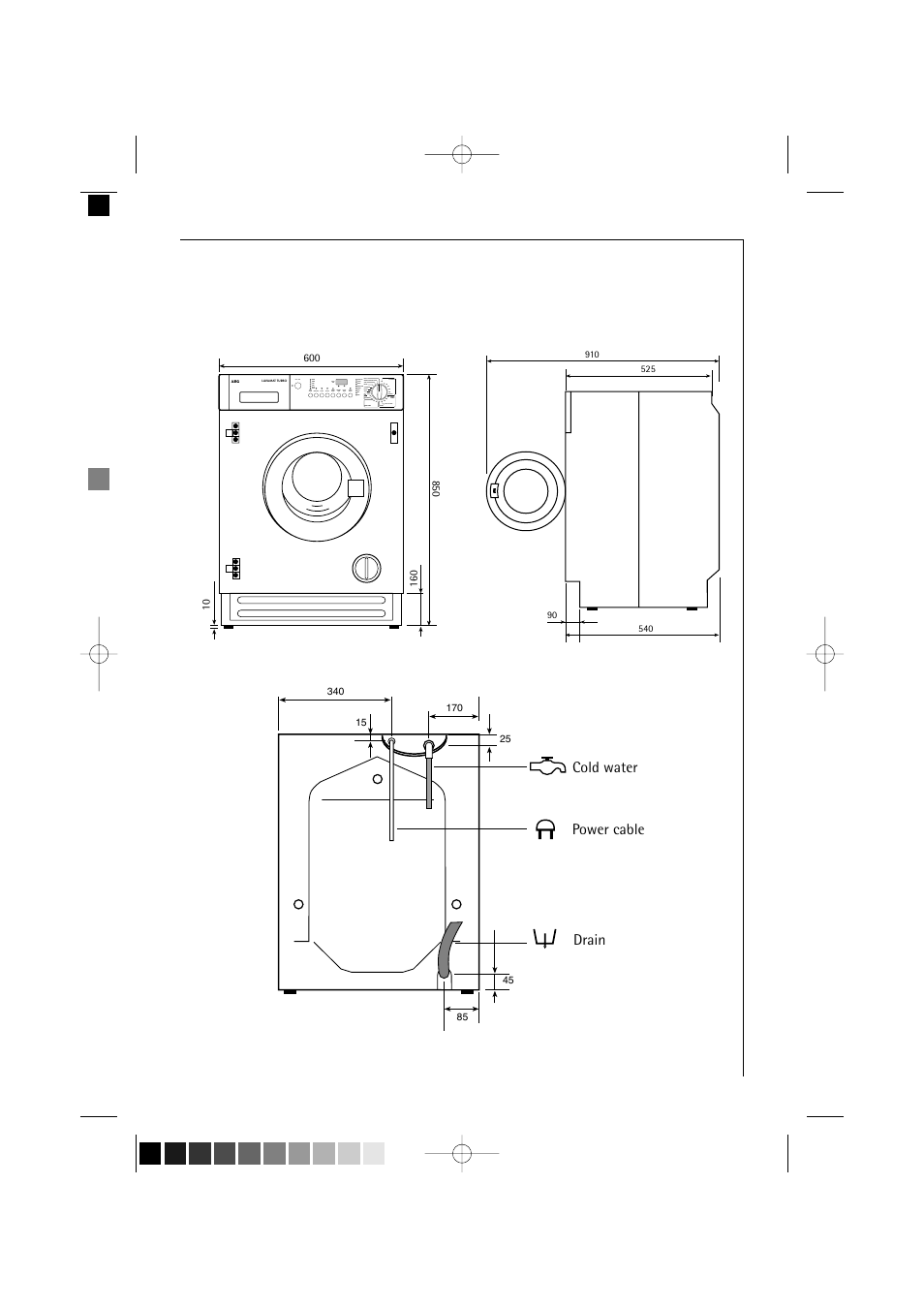 Dimensions of the appliance, Front view and side view rear view | Electrolux 14700 VIT User Manual | Page 49 / 59