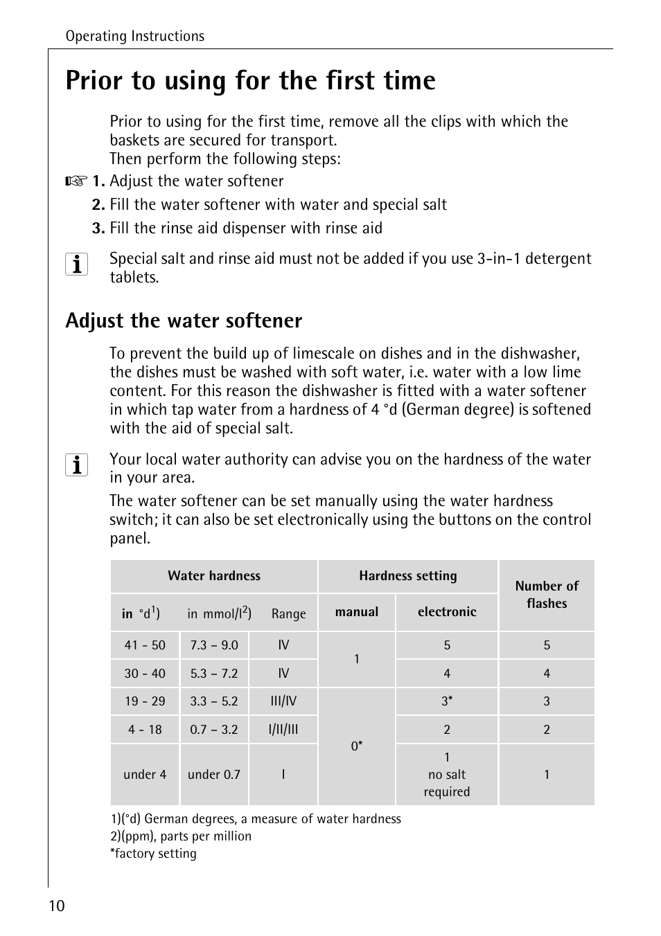 Prior to using for the first time, Adjust the water softener | Electrolux 40740 User Manual | Page 10 / 44