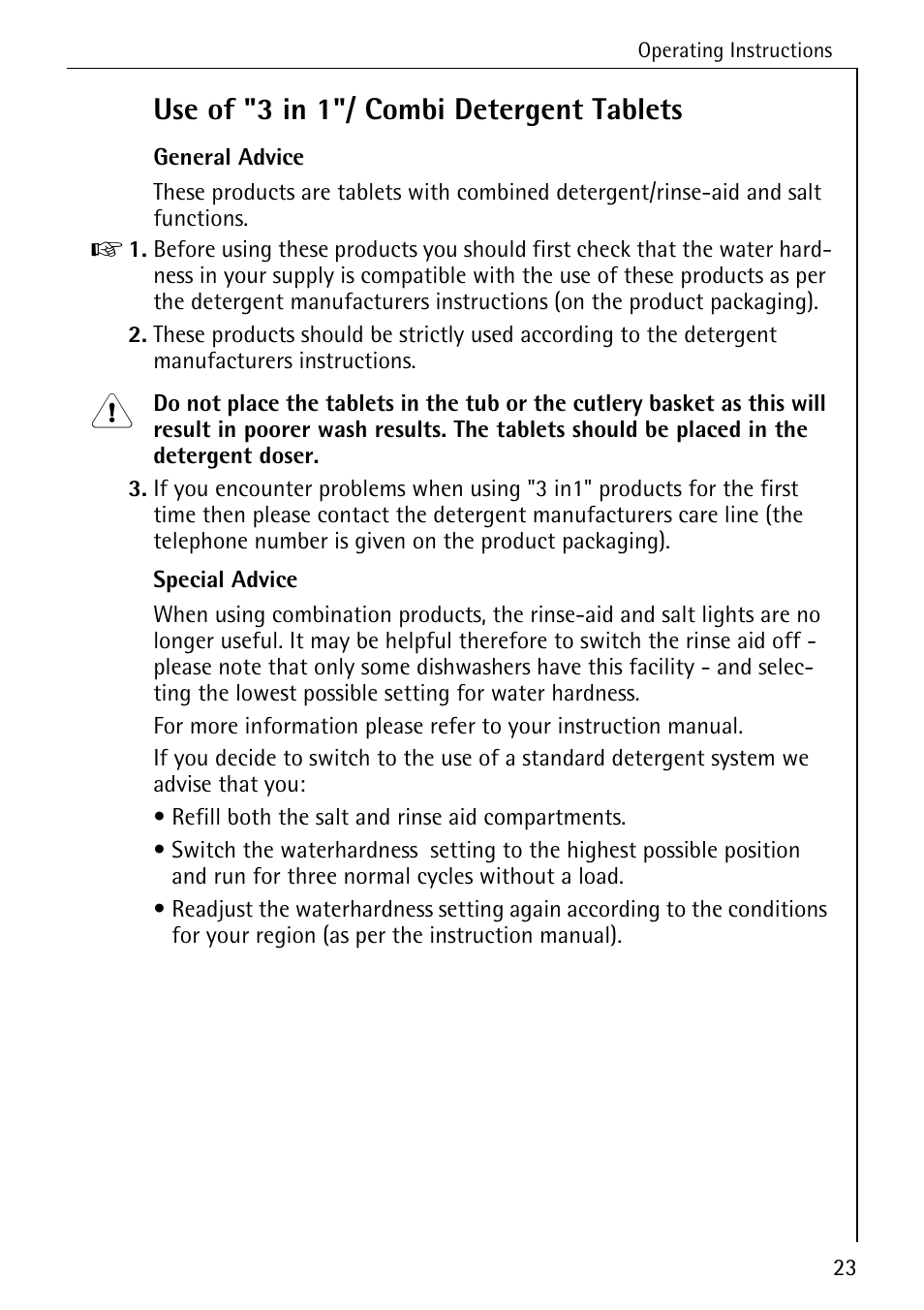 Use of "3 in 1"/ combi detergent tablets | Electrolux 40740 User Manual | Page 23 / 44