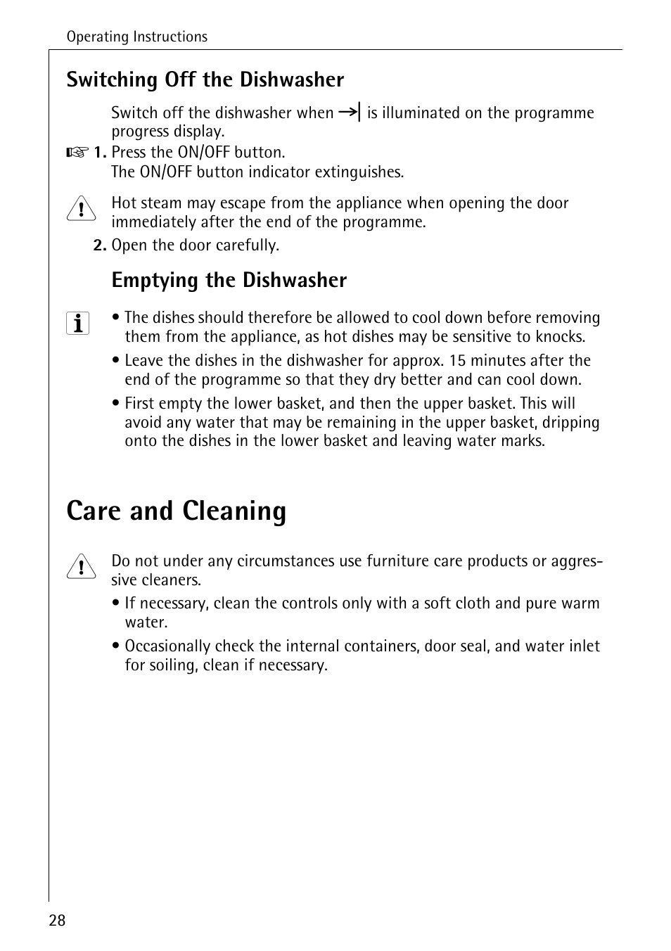 Care and cleaning, Switching off the dishwasher, Emptying the dishwasher | Electrolux 40740 User Manual | Page 28 / 44