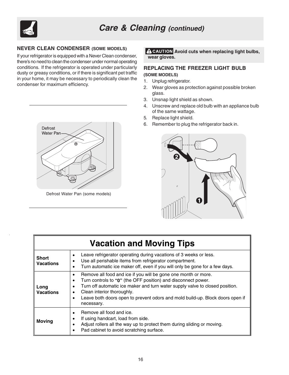 Care & cleaning, Vacation and moving tips, Continued) | Electrolux 240435506 (0408) User Manual | Page 16 / 19