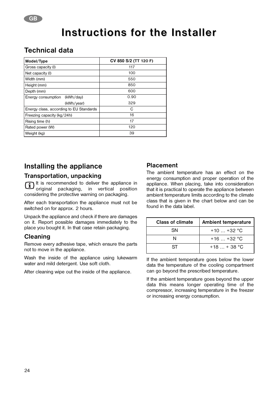 Installing the appliance, Technical data | Electrolux CV 850 S/2 User Manual | Page 11 / 15