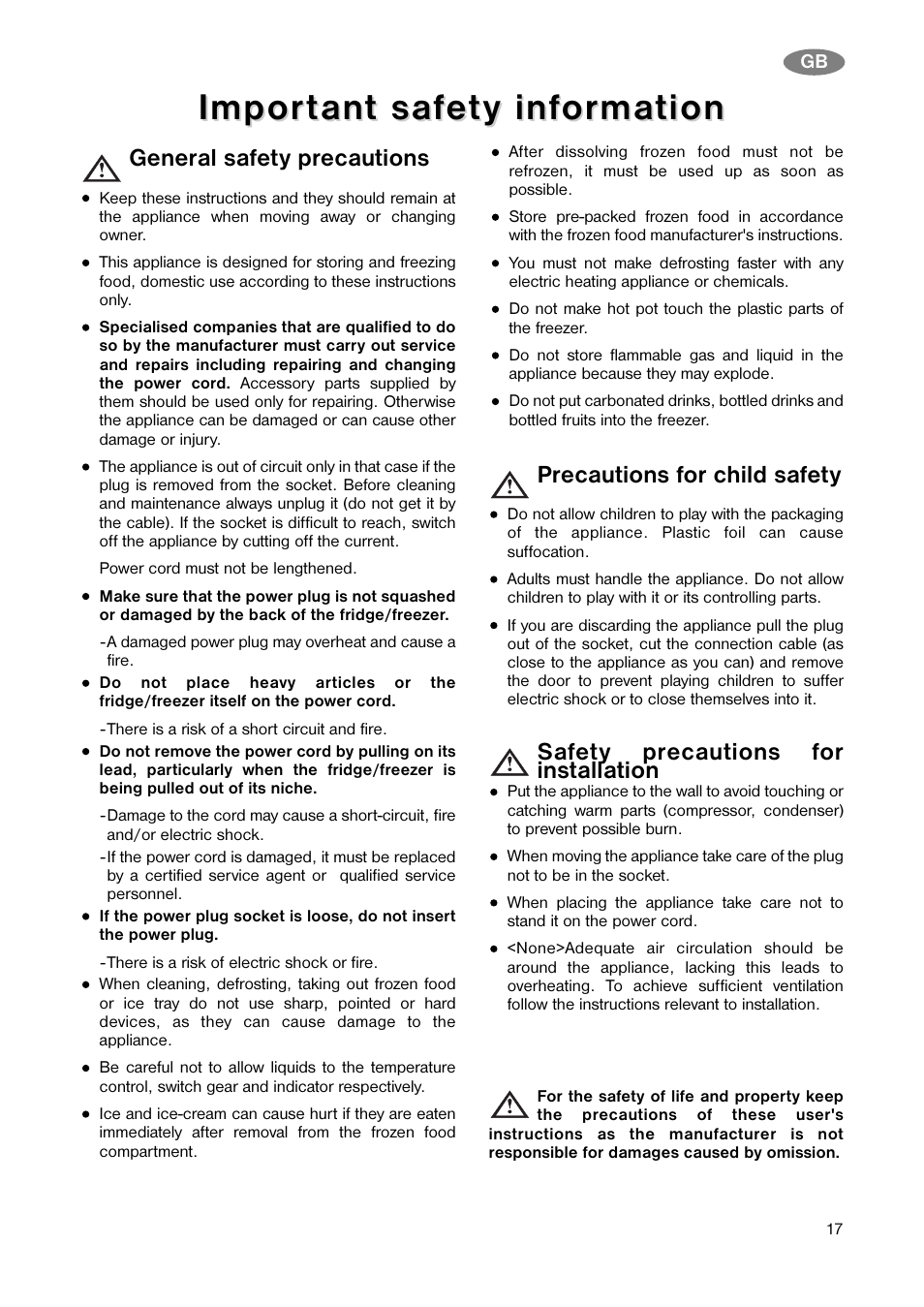 General safety precautions, Precautions for child safety, Safety precautions for installation | Electrolux CV 850 S/2 User Manual | Page 4 / 15