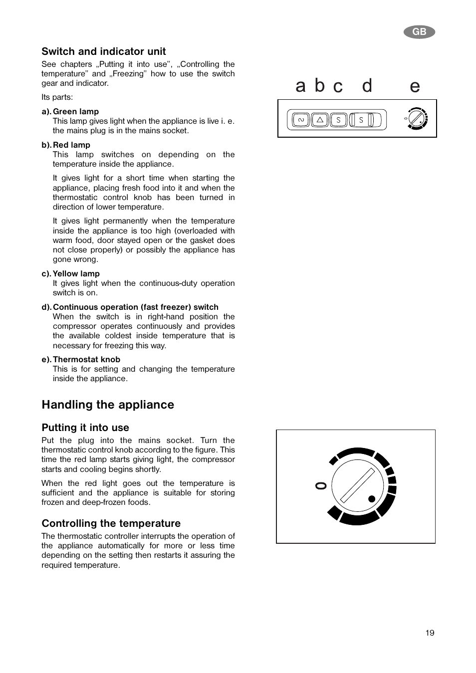 Handling the appliance, Switch and indicator unit, Putting it into use | Controlling the temperature | Electrolux CV 850 S/2 User Manual | Page 6 / 15