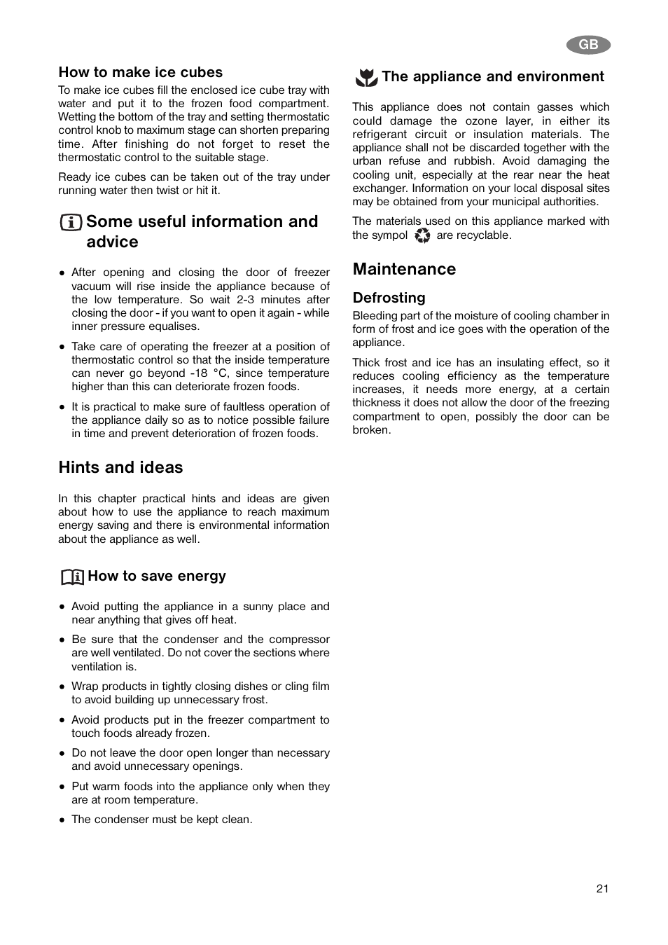 Some useful information and advice, Hints and ideas, Maintenance | How to make ice cubes, How to save energy, The appliance and environment, Defrosting | Electrolux CV 850 S/2 User Manual | Page 8 / 15