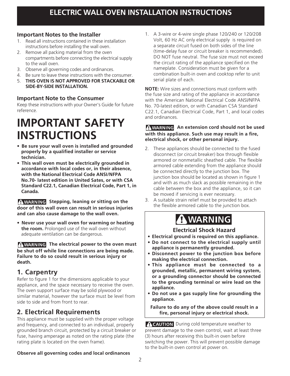 Important safety instructions, Electric wall oven installation instructions, Carpentry | Electrical requirements | Electrolux 30" Wall Oven User Manual | Page 2 / 8
