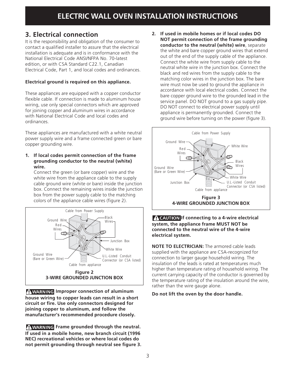 Electric wall oven installation instructions, Electrical connection | Electrolux 30" Wall Oven User Manual | Page 3 / 8