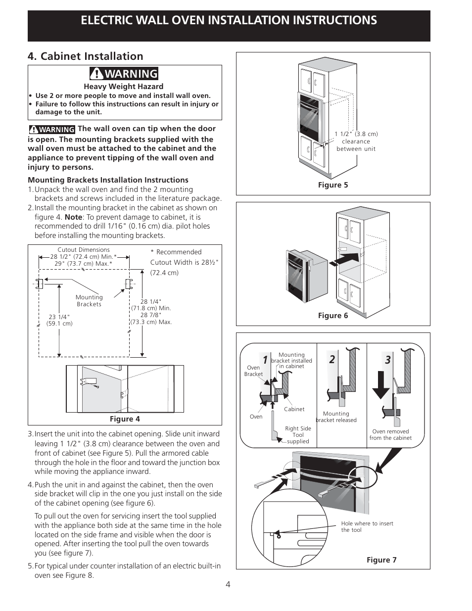 Electric wall oven installation instructions, Cabinet installation | Electrolux 30" Wall Oven User Manual | Page 4 / 8