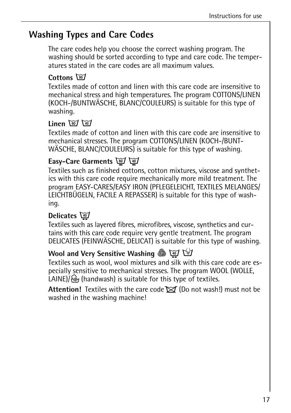 Washing types and care codes | Electrolux LAVAMAT BELLA 3450 User Manual | Page 17 / 56