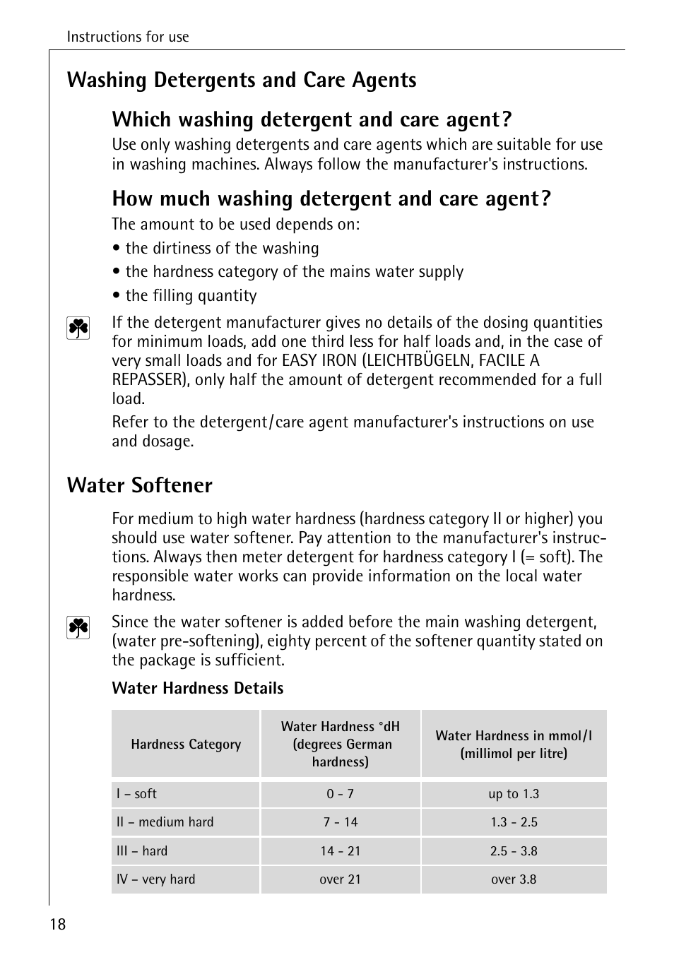 How much washing detergent and care agent, Water softener | Electrolux LAVAMAT BELLA 3450 User Manual | Page 18 / 56