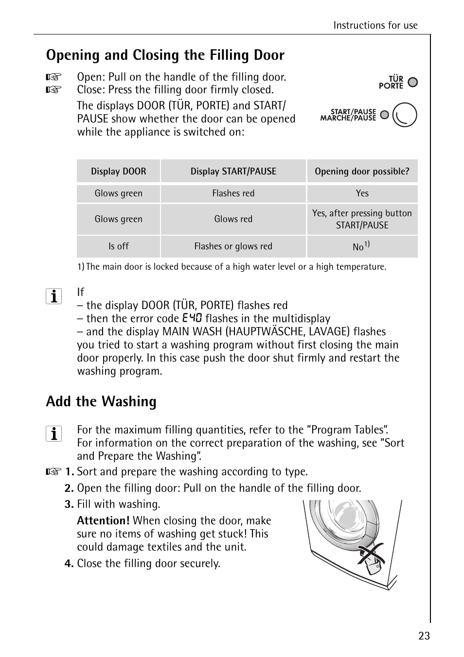 Opening and closing the filling door, Add the washing | Electrolux LAVAMAT BELLA 3450 User Manual | Page 23 / 56