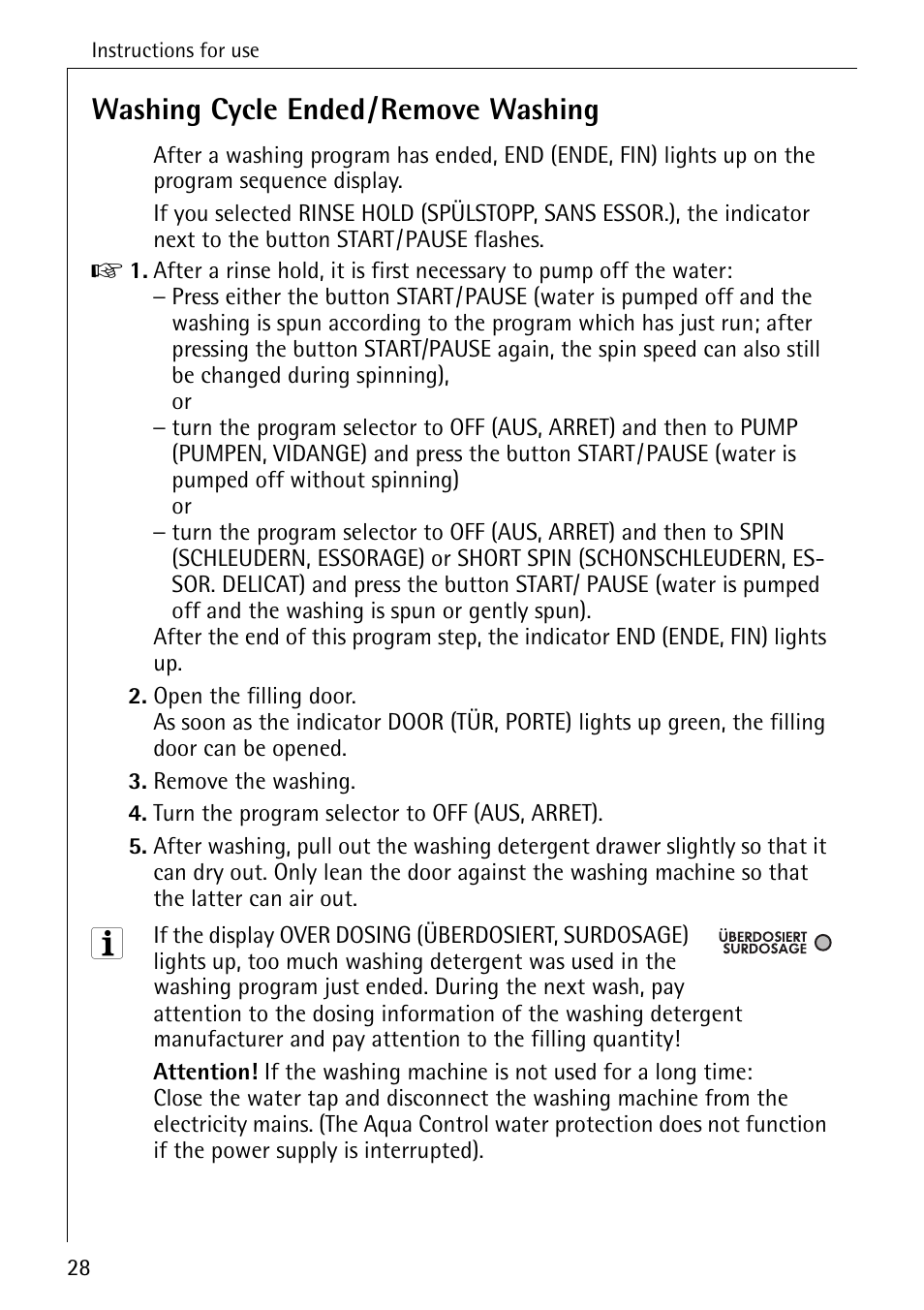 Washing cycle ended/remove washing | Electrolux LAVAMAT BELLA 3450 User Manual | Page 28 / 56