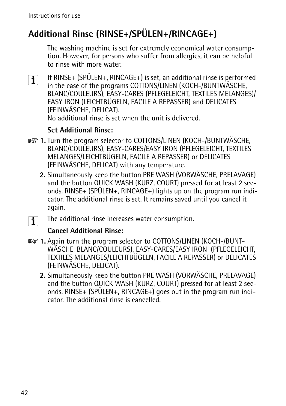 Additional rinse (rinse+/spülen+/rincage+) | Electrolux LAVAMAT BELLA 3450 User Manual | Page 42 / 56