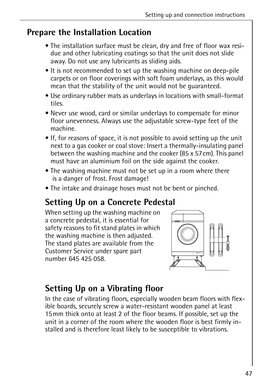 Prepare the installation location, Setting up on a concrete pedestal, Setting up on a vibrating floor | Electrolux LAVAMAT BELLA 3450 User Manual | Page 47 / 56