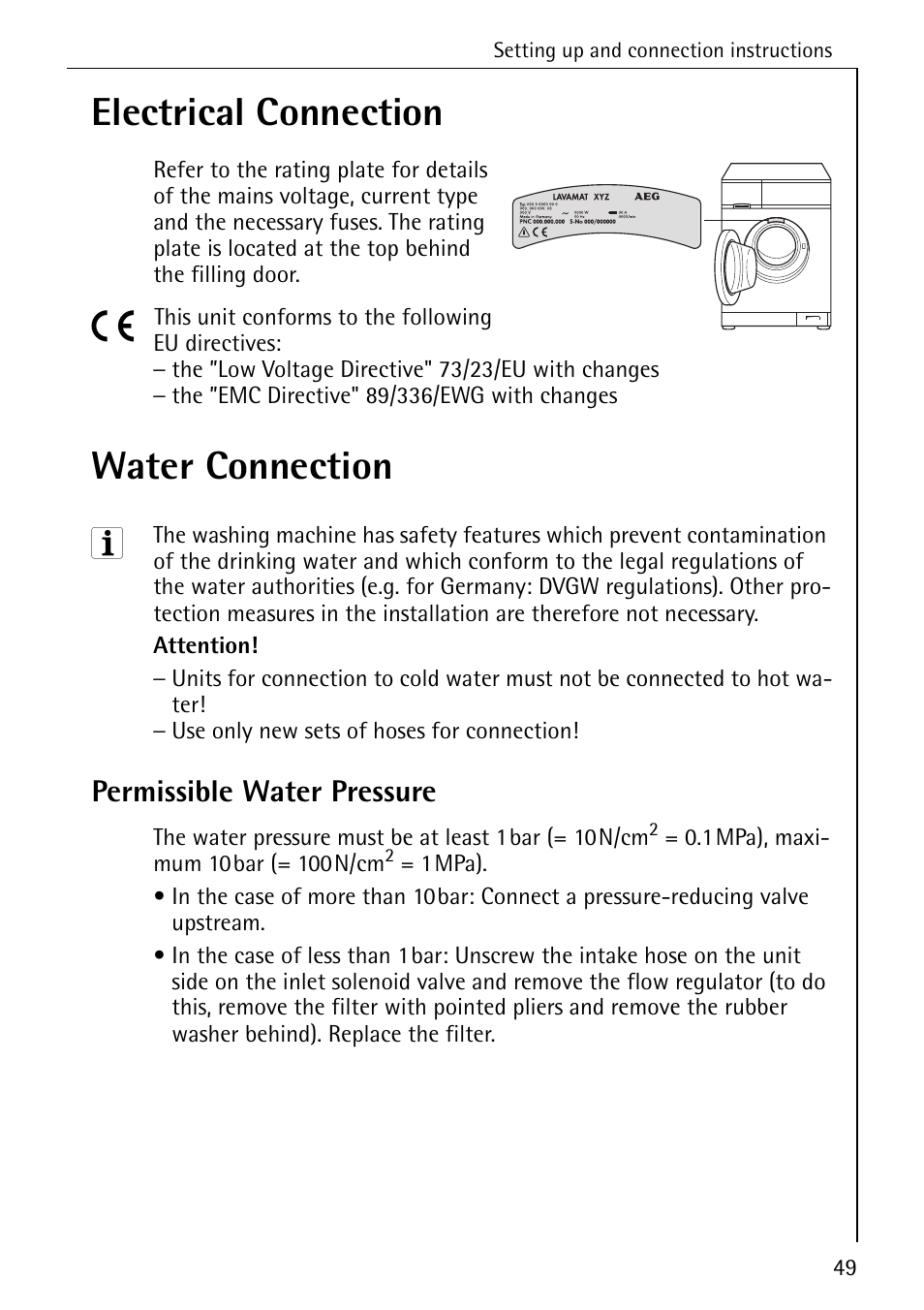 Electrical connection, Water connection, Permissible water pressure | Electrolux LAVAMAT BELLA 3450 User Manual | Page 49 / 56