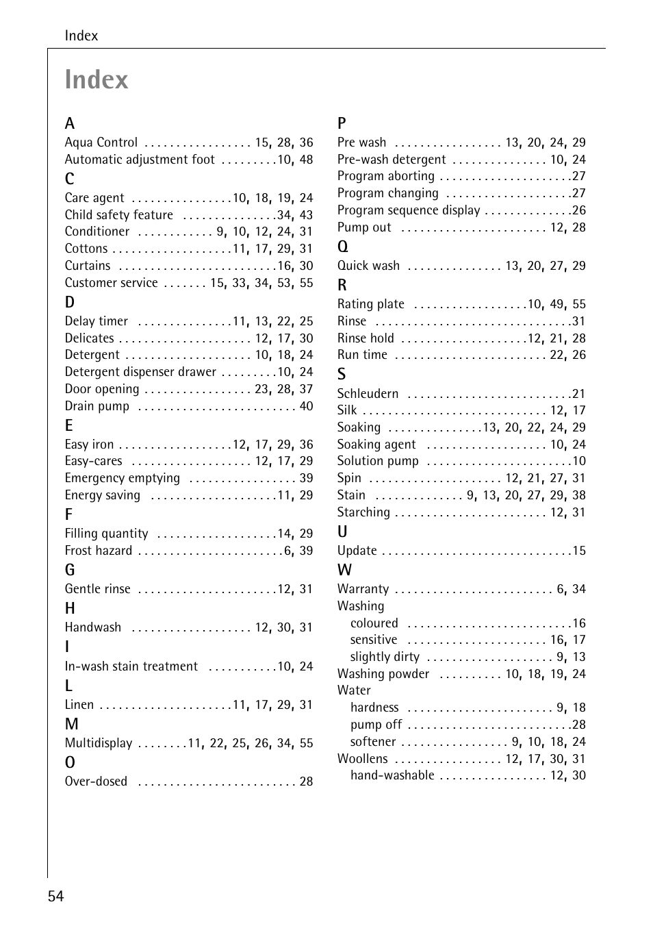 Index | Electrolux LAVAMAT BELLA 3450 User Manual | Page 54 / 56