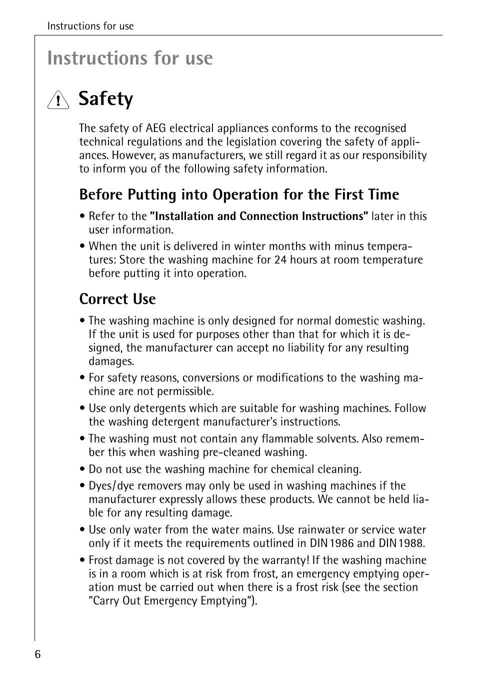 Instructions for use, Safety, Before putting into operation for the first time | Correct use | Electrolux LAVAMAT BELLA 3450 User Manual | Page 6 / 56