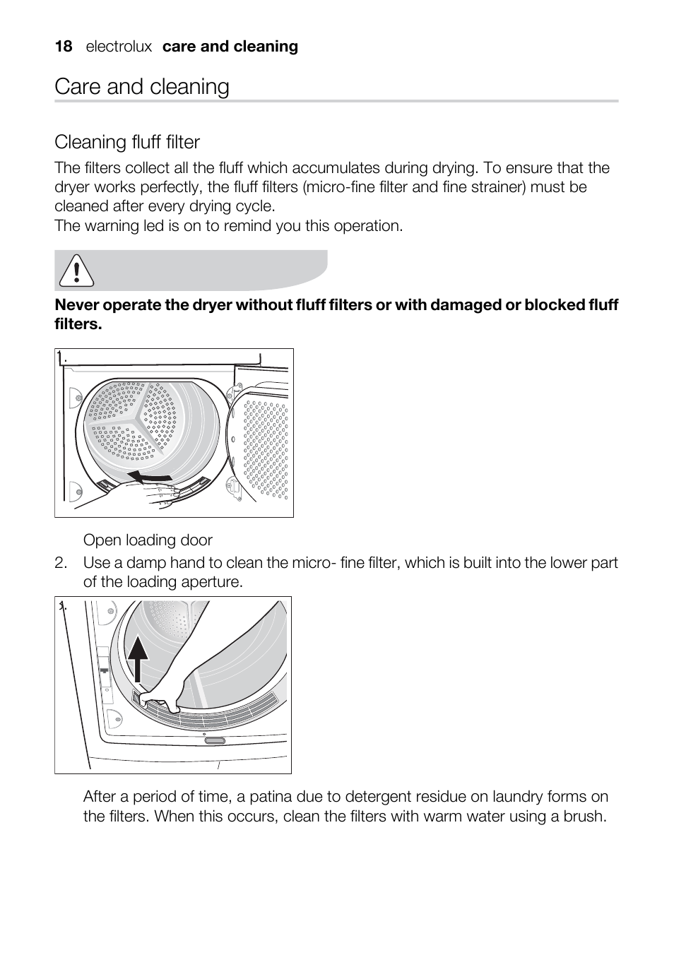 Care and cleaning, Cleaning fluff filter | Electrolux TK K2 E User Manual | Page 18 / 44