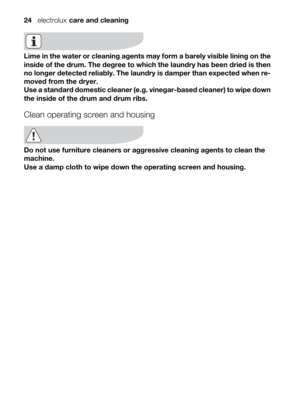 Clean operating screen and housing | Electrolux TK K2 E User Manual | Page 24 / 44