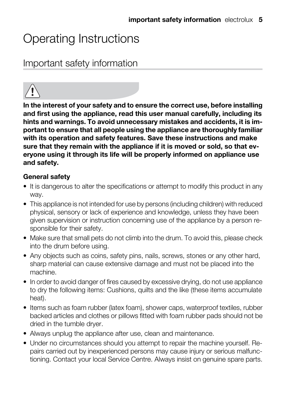 Operating instructions, Important safety information | Electrolux TK K2 E User Manual | Page 5 / 44