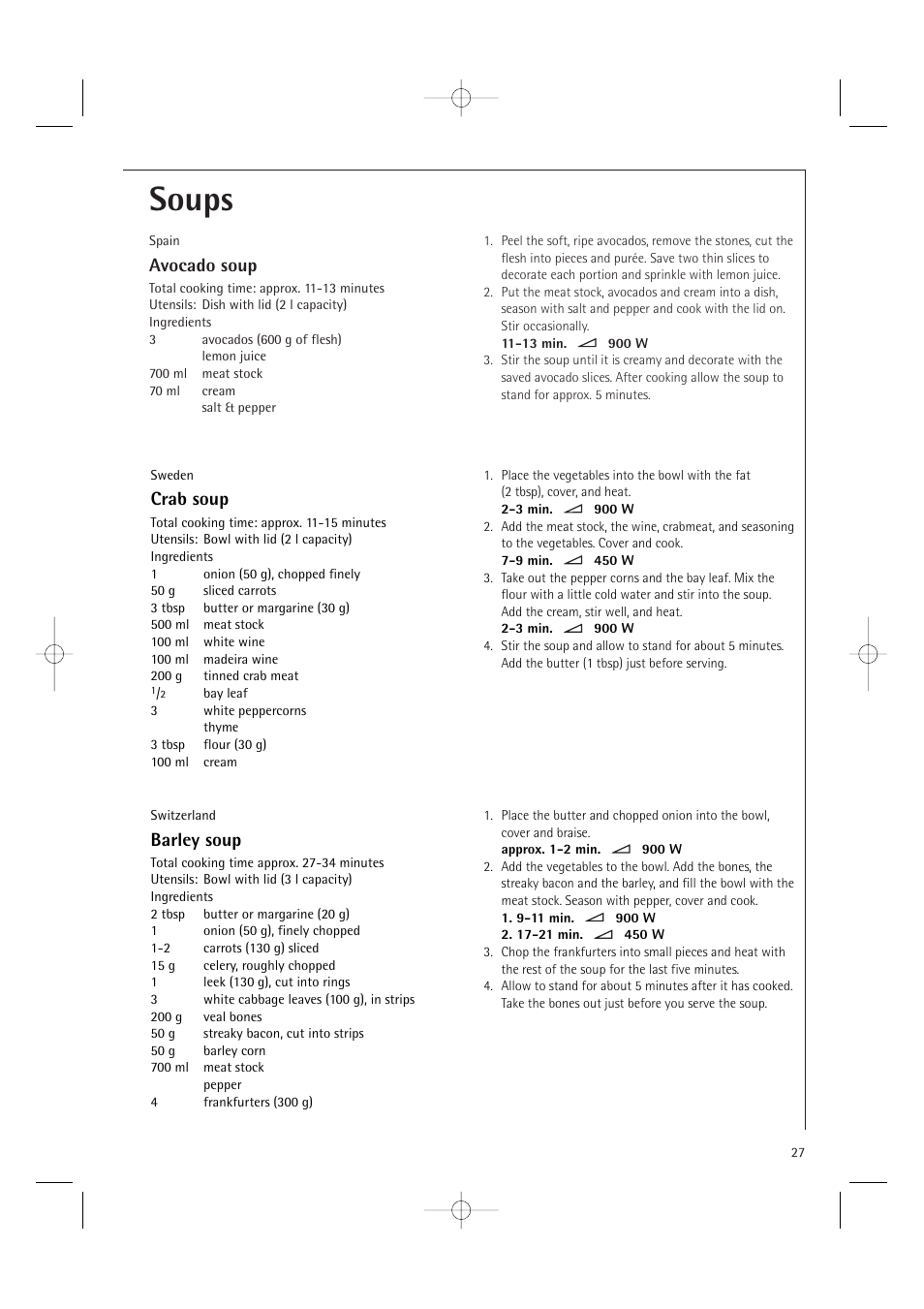 Soups, Avocado soup, Barley soup | Crab soup | Electrolux MC2660E User Manual | Page 29 / 48