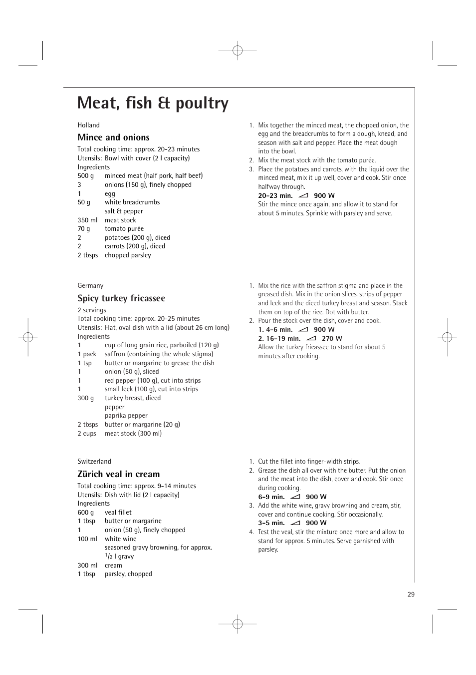Meat, fish & poultry, Spicy turkey fricassee, Zürich veal in cream | Mince and onions | Electrolux MC2660E User Manual | Page 31 / 48