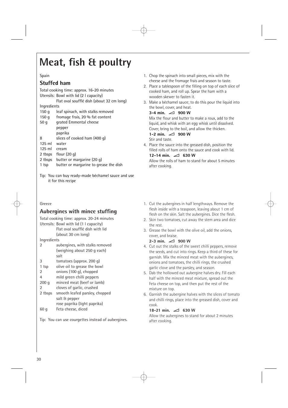 Meat, fish & poultry, Aubergines with mince stuffing, Stuffed ham | Electrolux MC2660E User Manual | Page 32 / 48