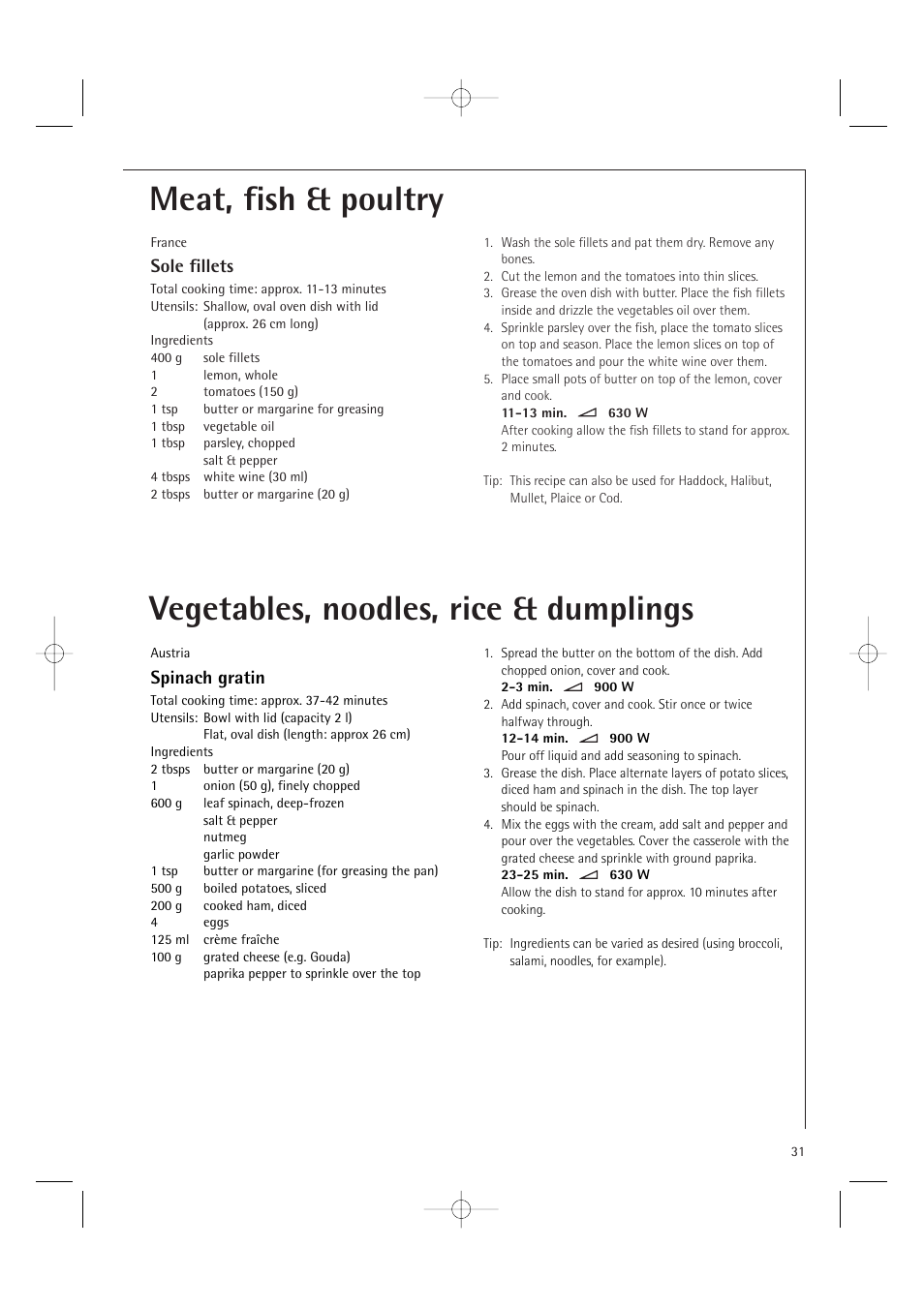 Vegetables, noodles, rice & dumplings, Meat, fish & poultry, Sole fillets | Spinach gratin | Electrolux MC2660E User Manual | Page 33 / 48