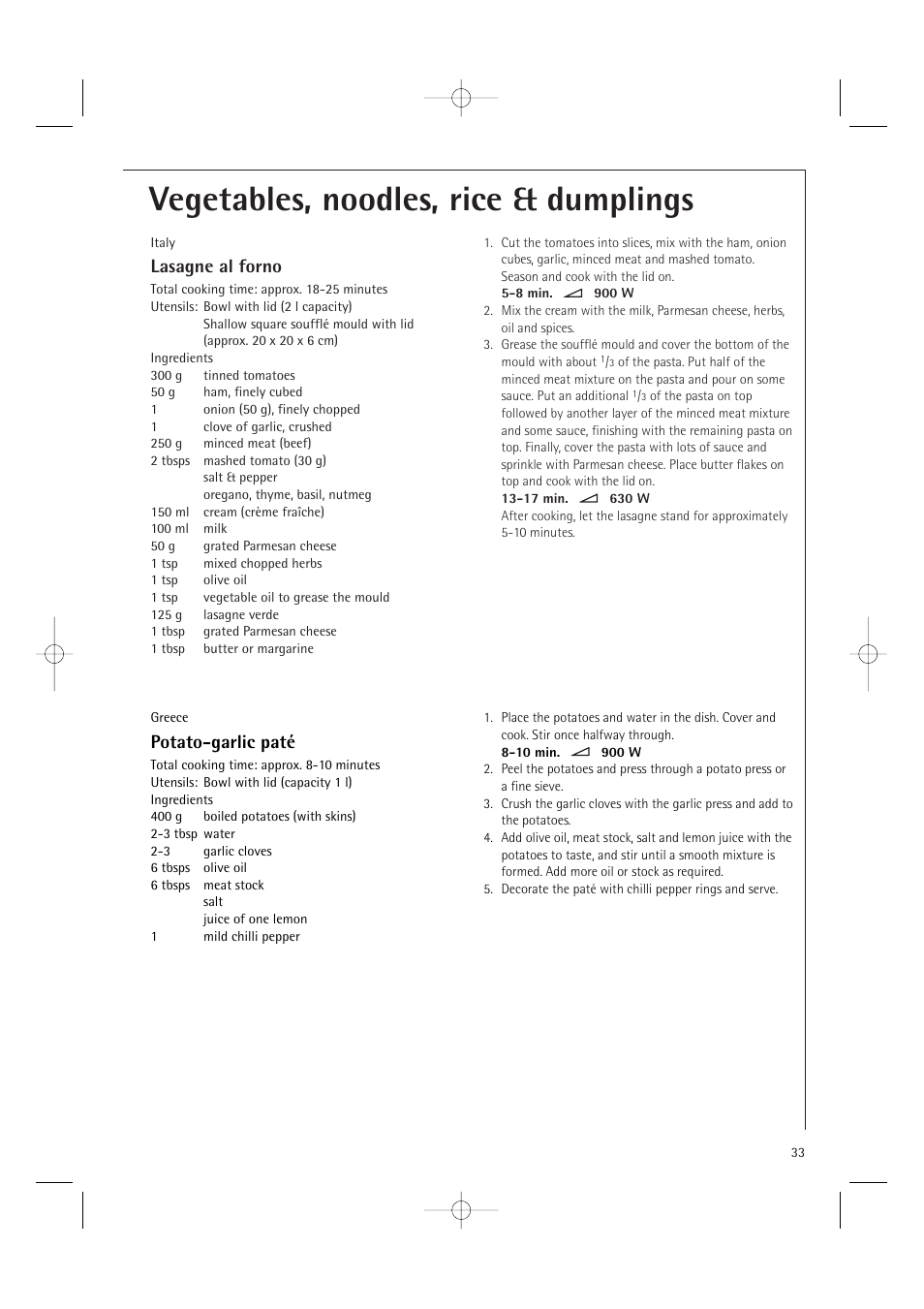 Vegetables, noodles, rice & dumplings, Lasagne al forno, Potato-garlic paté | Electrolux MC2660E User Manual | Page 35 / 48