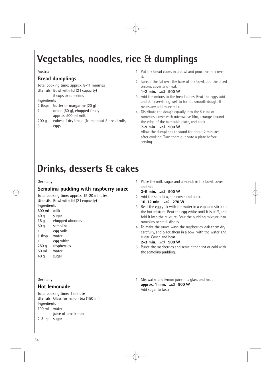 Bread dumplings, Semolina pudding with raspberry sauce, Hot lemonade | Electrolux MC2660E User Manual | Page 36 / 48