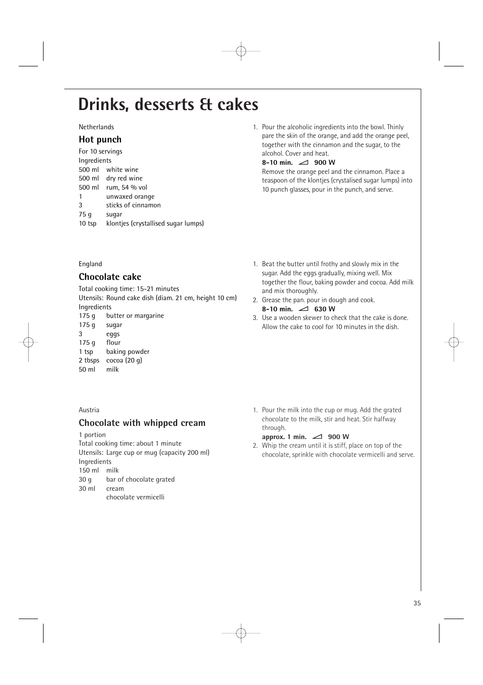 Drinks, desserts & cakes, Chocolate with whipped cream, Hot punch | Chocolate cake | Electrolux MC2660E User Manual | Page 37 / 48