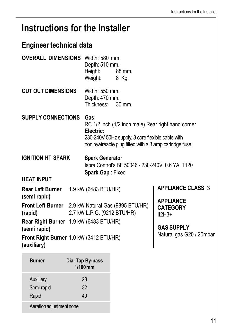 Instructions for the installer, Engineer technical data | Electrolux 69802 G User Manual | Page 11 / 24