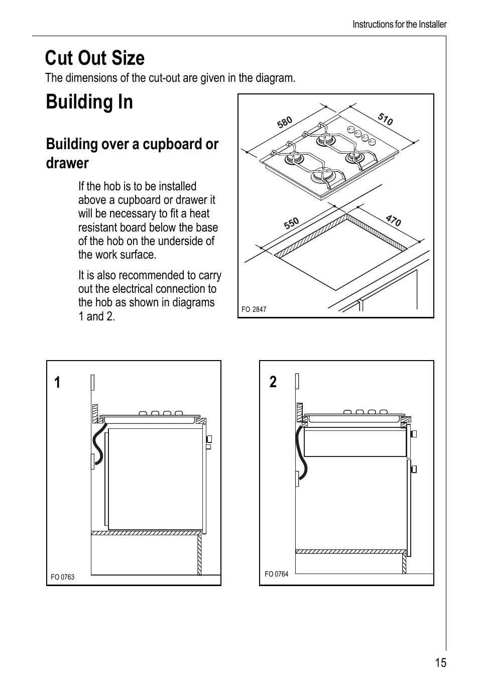 Cut out size, Building in, Building over a cupboard or drawer | Electrolux 69802 G User Manual | Page 15 / 24