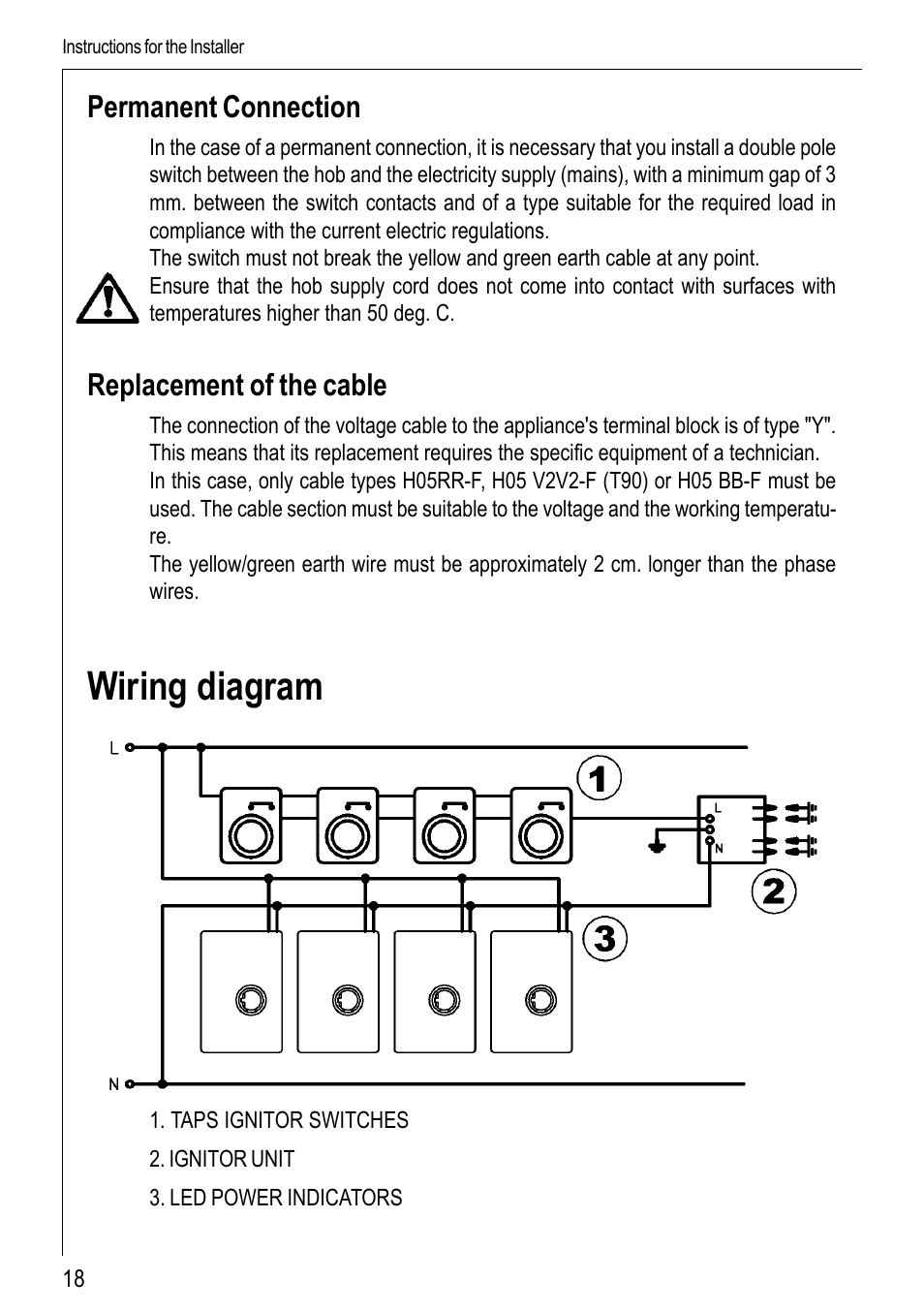 Wiring diagram, Permanent connection, Replacement of the cable | Electrolux 69802 G User Manual | Page 18 / 24