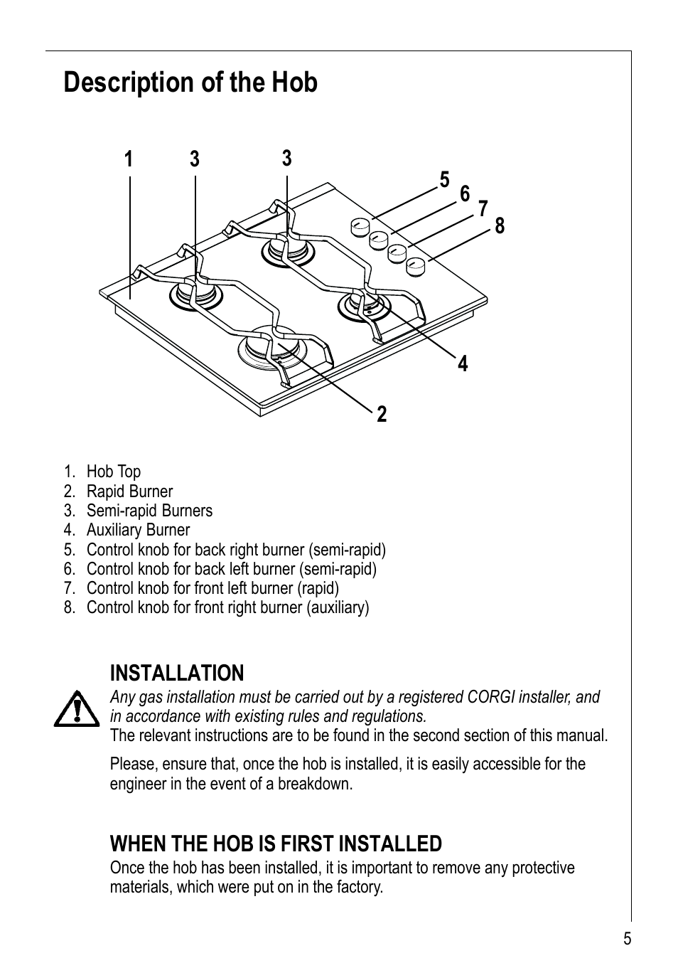 Description of the hob, Installation, When the hob is first installed | Electrolux 69802 G User Manual | Page 5 / 24