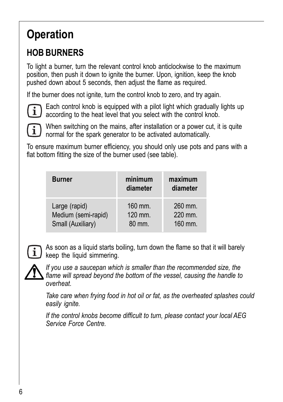 Operation, Hob burners | Electrolux 69802 G User Manual | Page 6 / 24