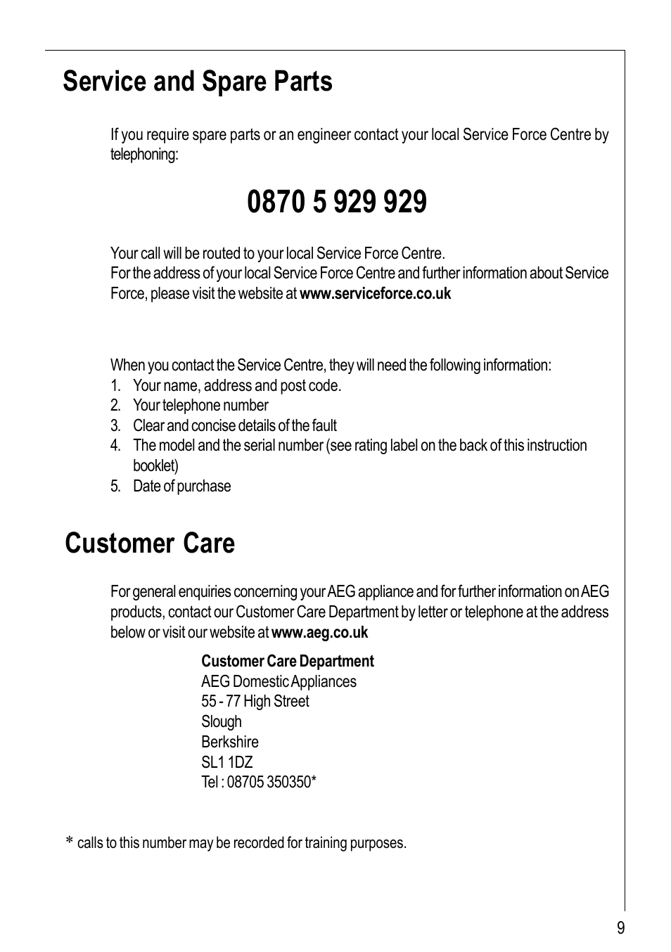 Service and spare parts, Customer care | Electrolux 69802 G User Manual | Page 9 / 24