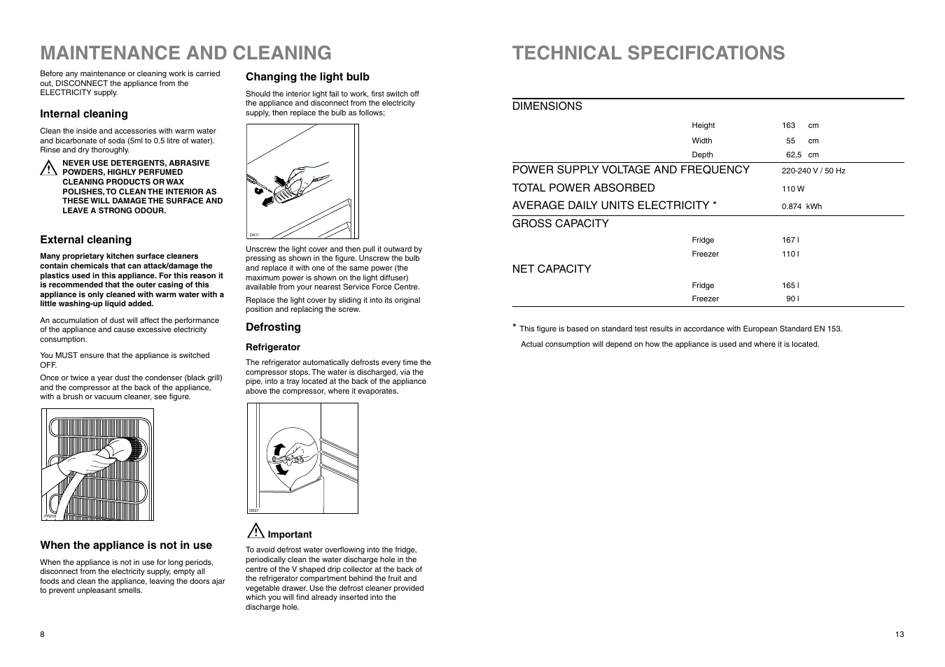 Maintenance and cleaning, Technical specifications | Electrolux ERB 7821 User Manual | Page 13 / 17