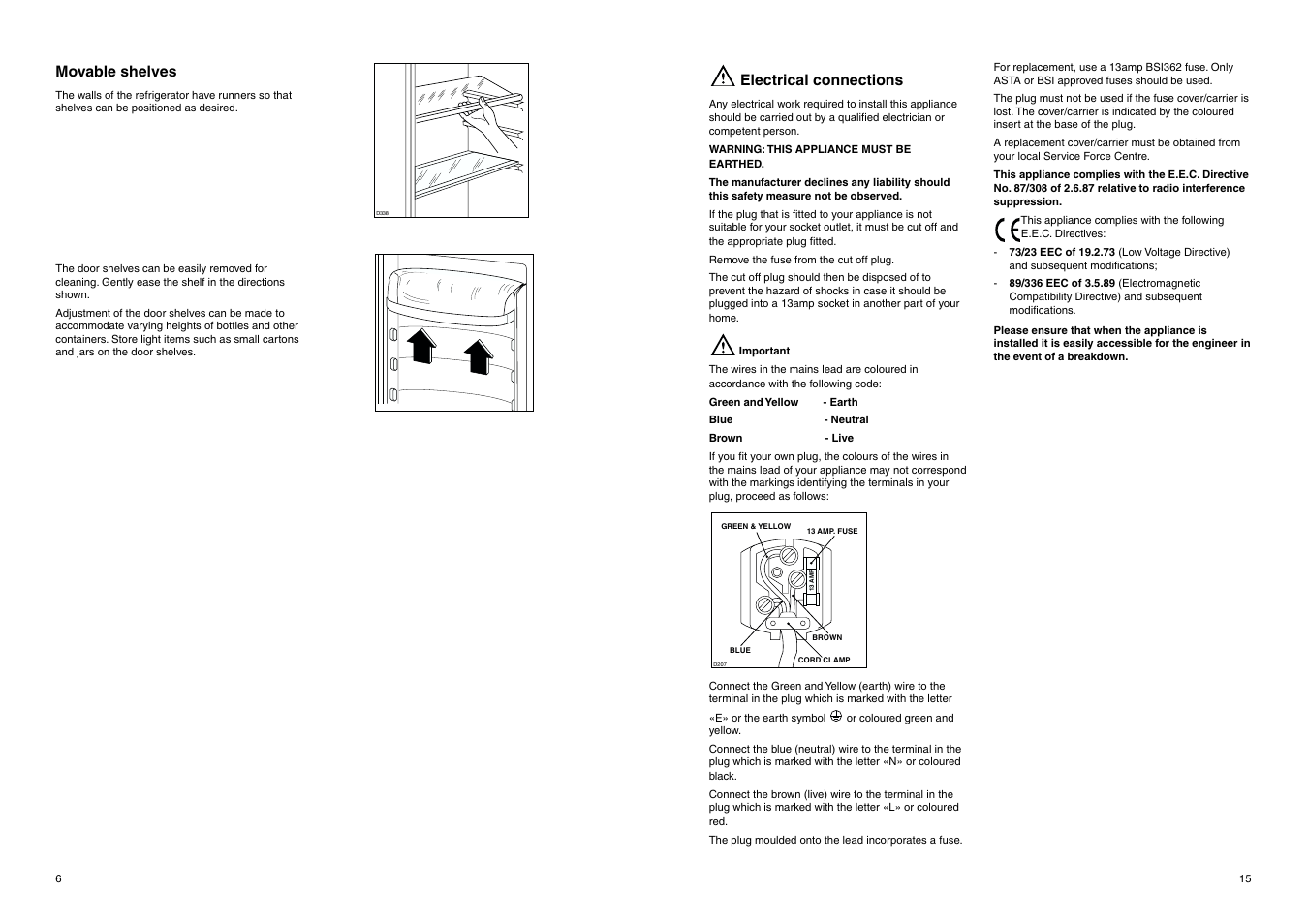 Movable shelves, Electrical connections | Electrolux ERB 7821 User Manual | Page 15 / 17