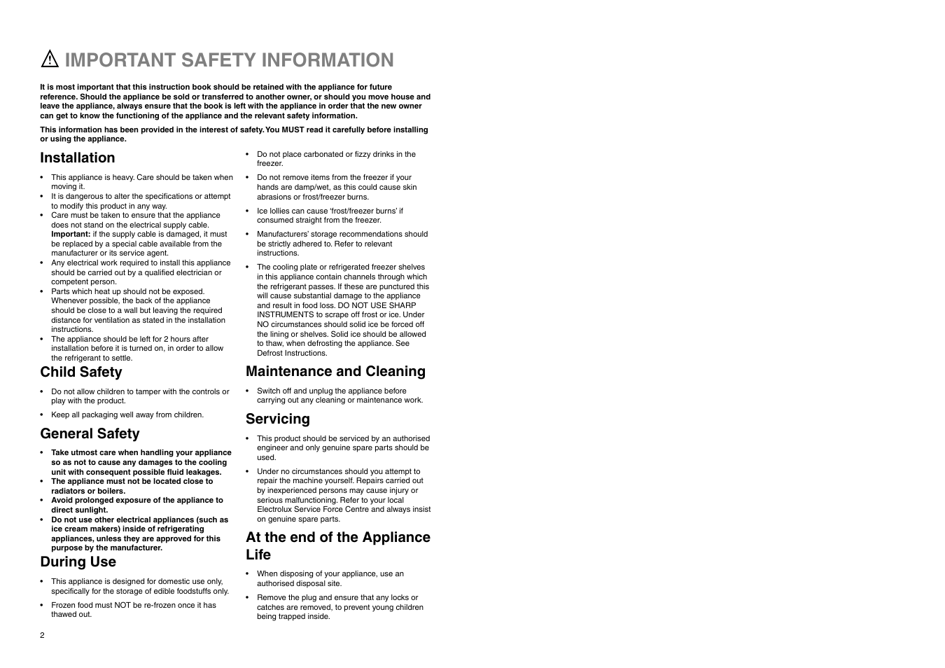 Important safety information, Installation, Child safety | General safety, During use, Maintenance and cleaning, Servicing, At the end of the appliance life | Electrolux ERB 7821 User Manual | Page 2 / 17