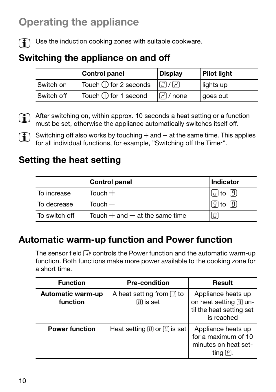 Operating the appliance, Switching the appliance on and off, Setting the heat setting | Automatic warm-up function and power function | Electrolux EHD 72100-X User Manual | Page 10 / 32