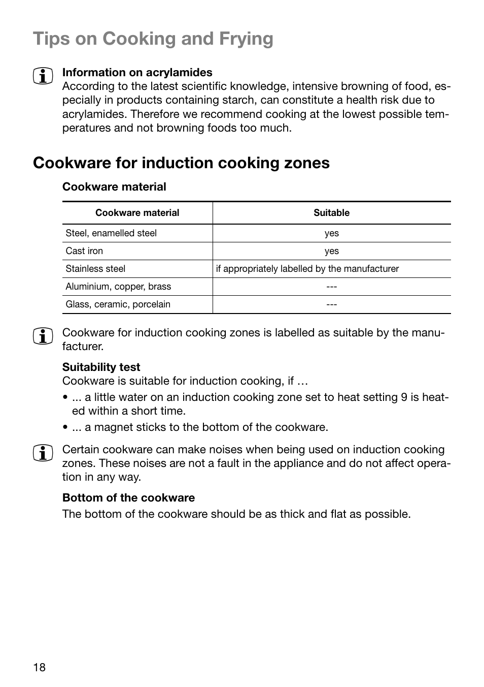 Tips on cooking and frying, Cookware for induction cooking zones | Electrolux EHD 72100-X User Manual | Page 18 / 32
