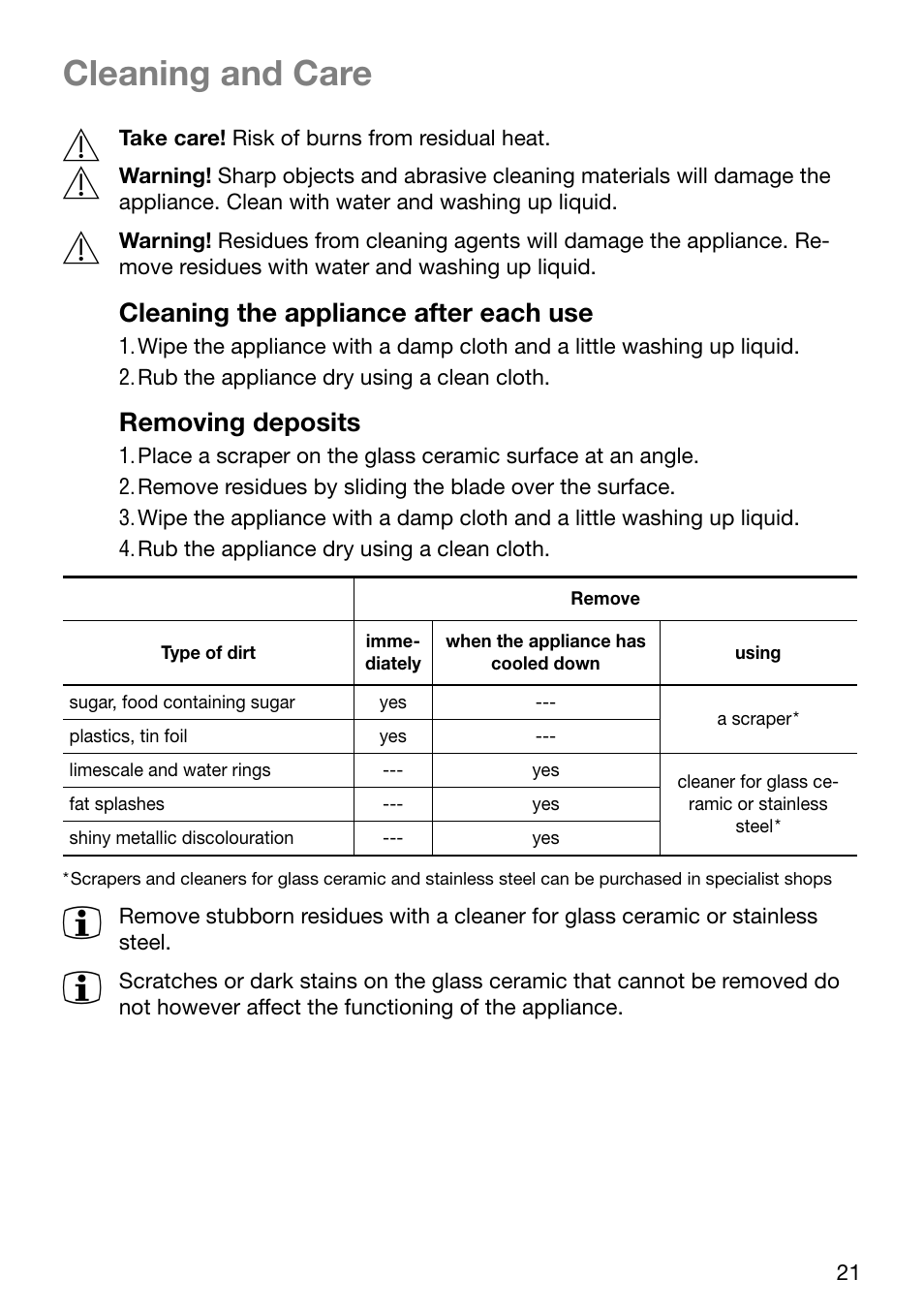 Cleaning and care, Cleaning the appliance after each use, Removing deposits | Electrolux EHD 72100-X User Manual | Page 21 / 32