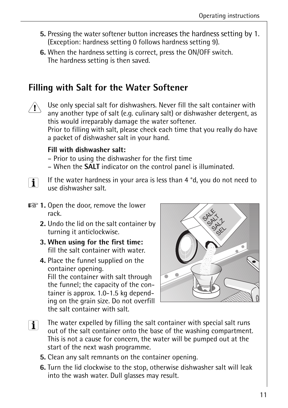 Filling with salt for the water softener | Electrolux 5070 User Manual | Page 11 / 44