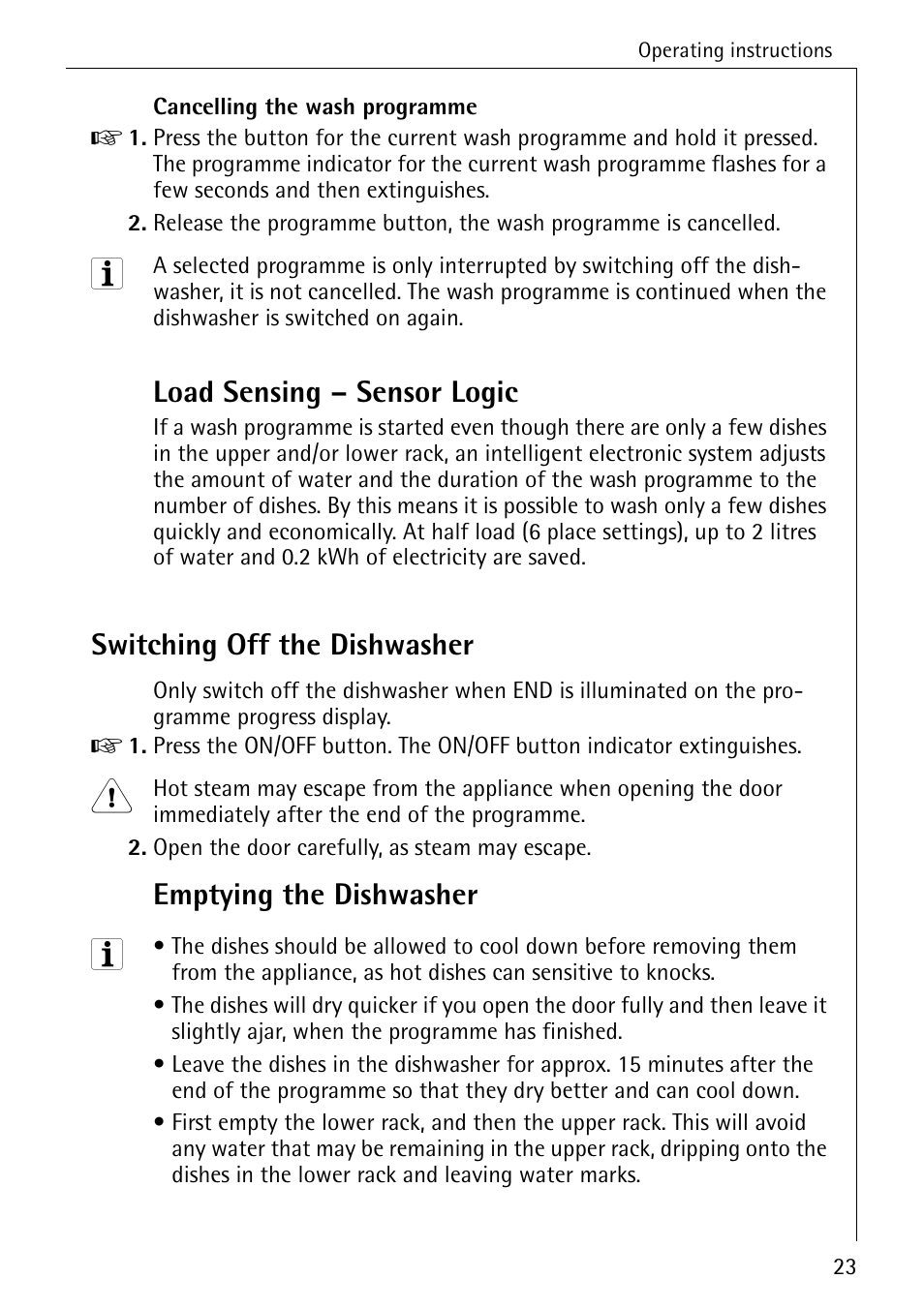 Load sensing – sensor logic, Switching off the dishwasher, Emptying the dishwasher | Electrolux 5070 User Manual | Page 23 / 44