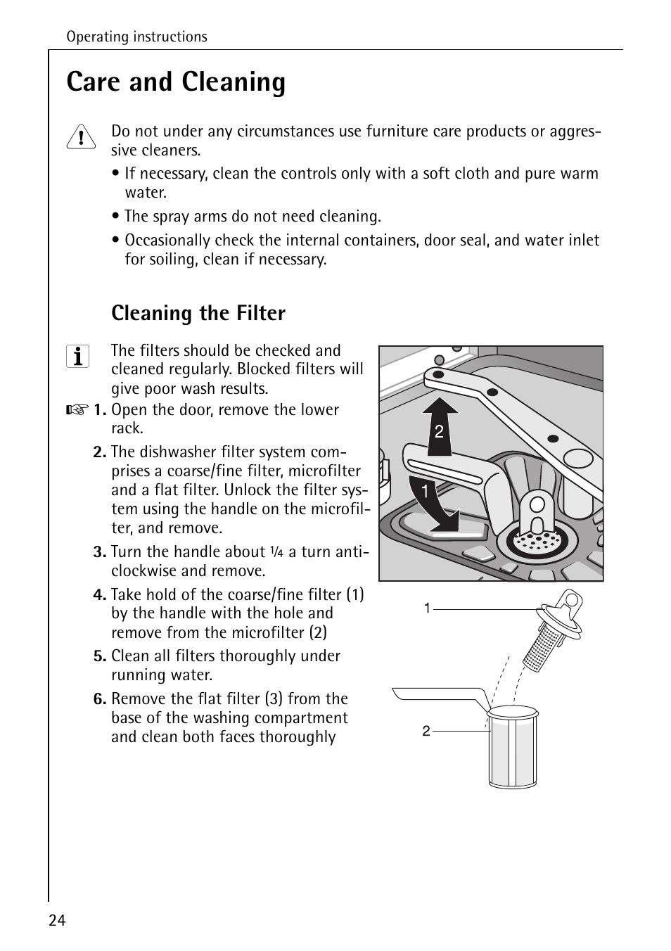 Care and cleaning, Cleaning the filter | Electrolux 5070 User Manual | Page 24 / 44