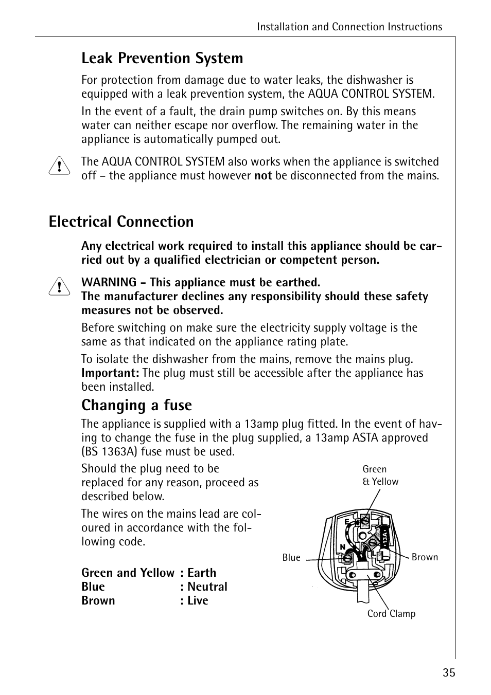 Leak prevention system, Electrical connection, Changing a fuse | Electrolux 5070 User Manual | Page 35 / 44