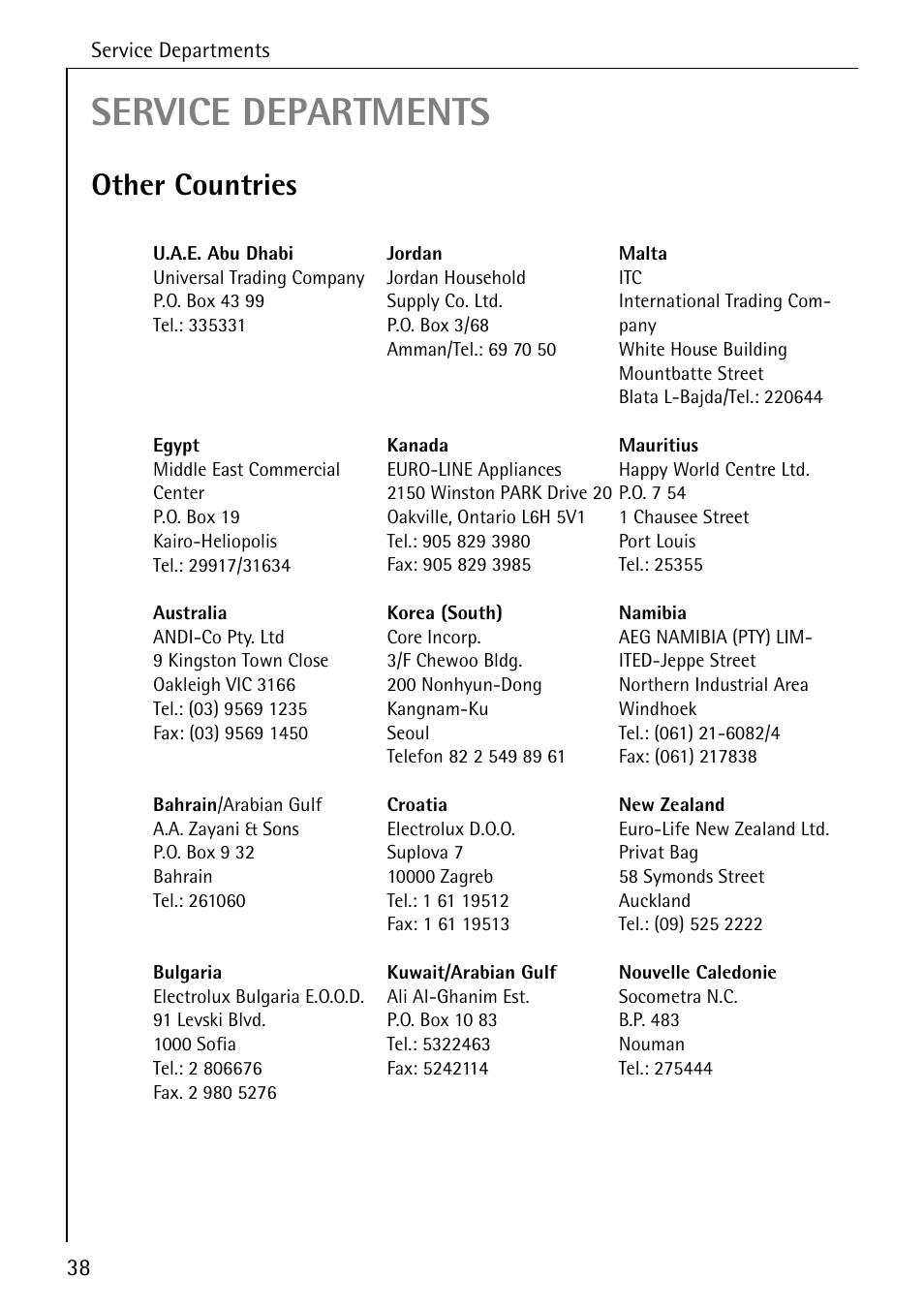 Service departments, Other countries | Electrolux 5070 User Manual | Page 38 / 44