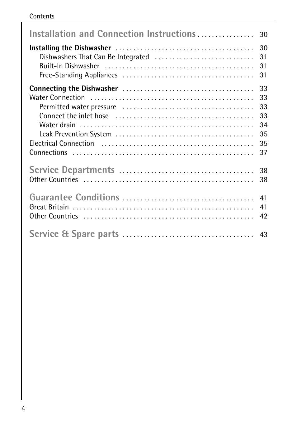 Installation and connection instructions, Service departments, Guarantee conditions | Service & spare parts | Electrolux 5070 User Manual | Page 4 / 44